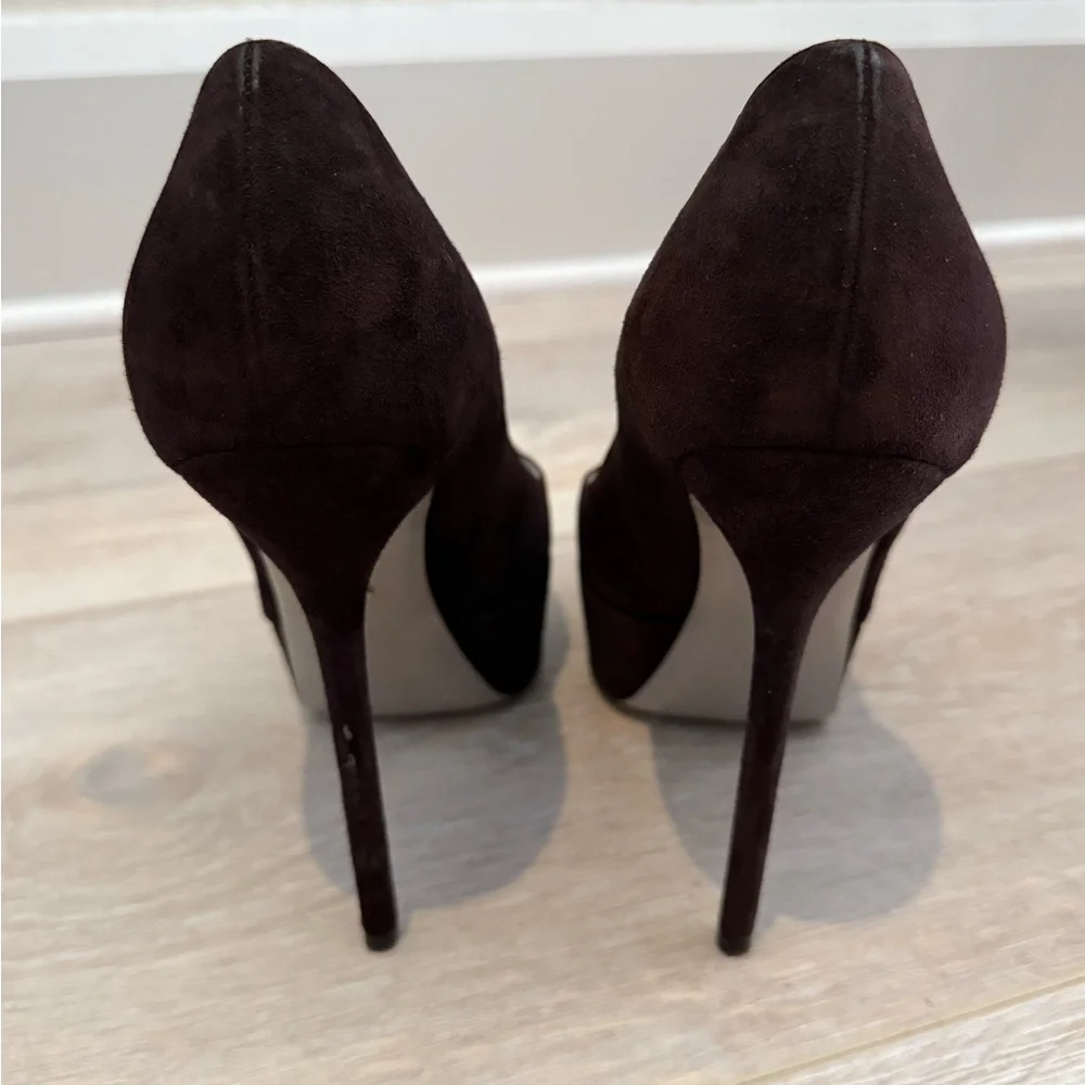 $845 SERGIO ROSSI Dark Chocolate Brown Suede Peep Toe Platform Heels Pumps 39.5 - Picture 6 of 14